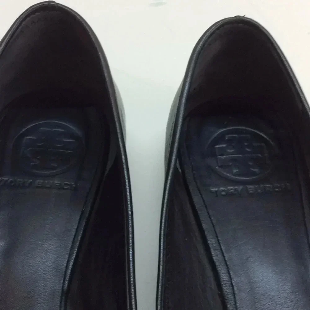 Tory Burch Black Leather Flats with Silver Logo